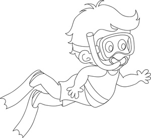 acclaim clipart: coloring page of little boy swimming and snorkeling while on summer vacation